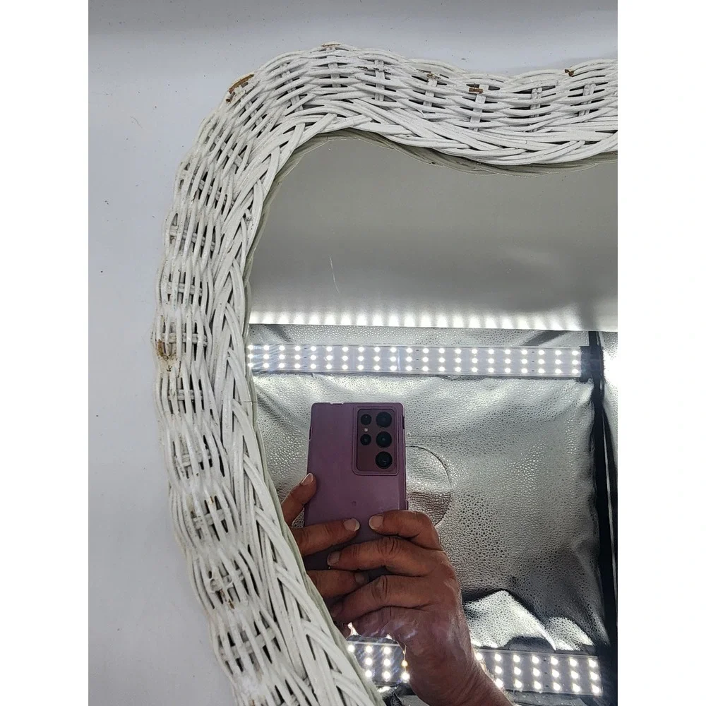 Vintage Heart Shaped White Wicker Wall Mirror Cottagecore Boho Decor